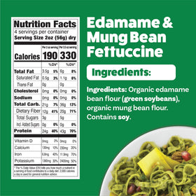 EXPLORE CUISINE Edamame & Mung Bean Fettuccine ingredients image emphasizes simple organic components.