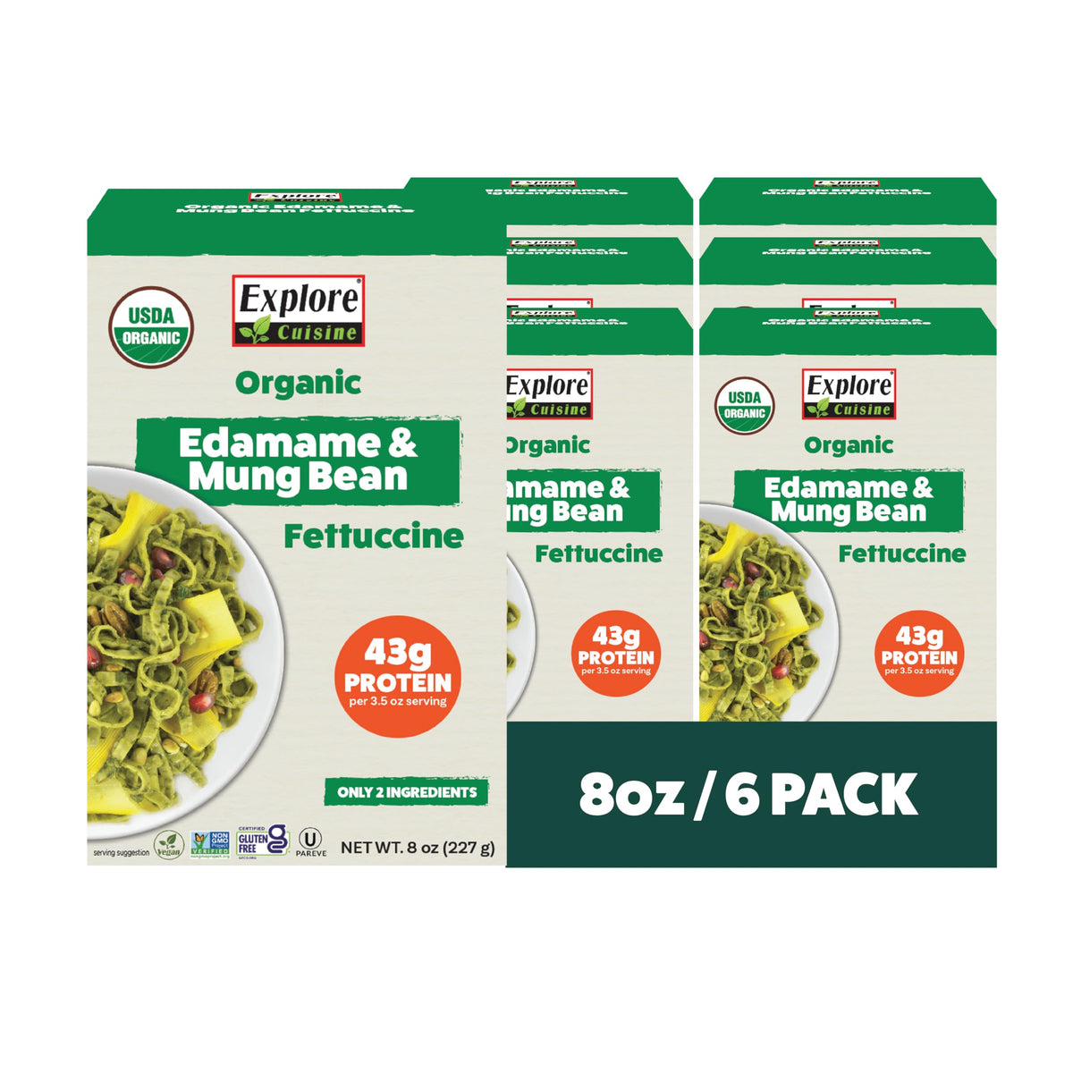 EXPLORE CUISINE Edamame & Mung Bean Fettuccine packaging highlights gluten-free, high-protein option.