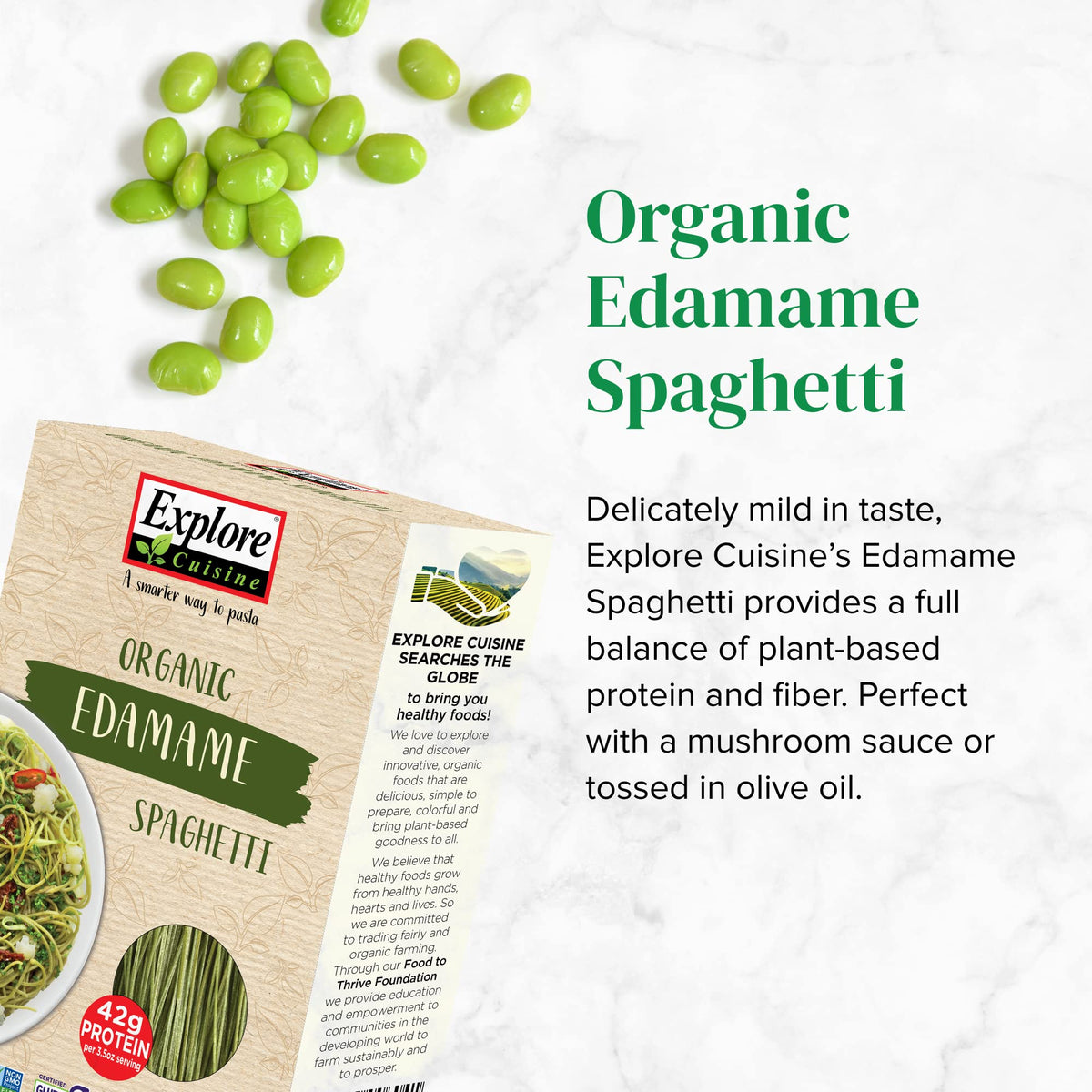 Explore Cuisine Edamame Spaghetti cooked plate with sauce showcases protein-rich, gluten-free dinner