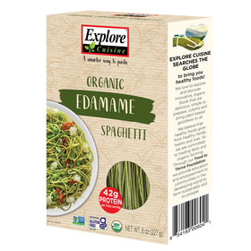 Explore Cuisine Edamame Spaghetti pack of 2 on kitchen counter, ideal for quick meals