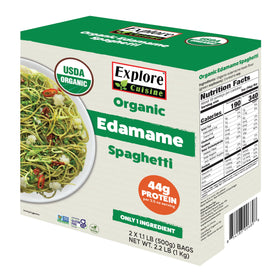Explore Cuisine Edamame Spaghetti packaging showing organic ingredients and plant protein for balanced meals.