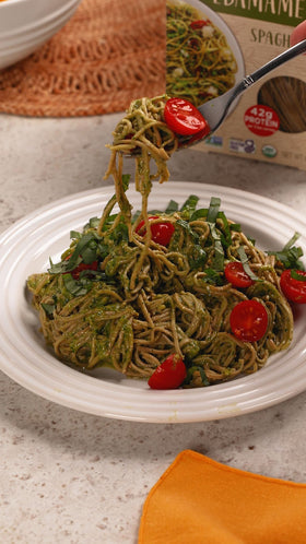 Explore Cuisine Edamame Spaghetti serving bowl with chopsticks for a family meal.