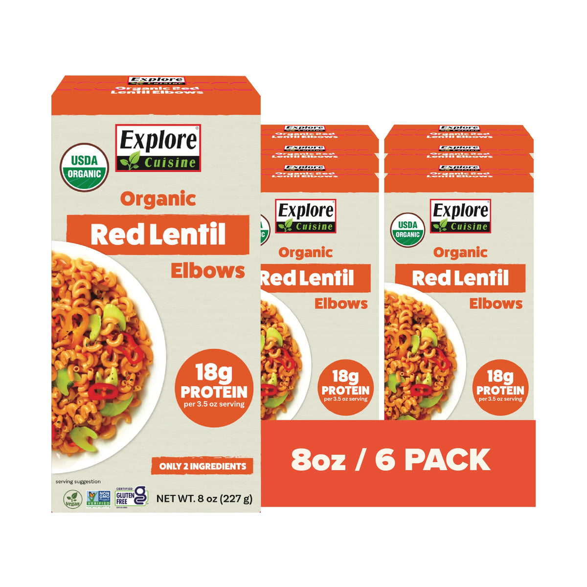 Explore Cuisine Organic Red Lentil Elbows packaging showcases convenient gluten-free pasta.