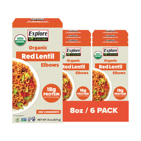 Explore Cuisine Organic Red Lentil Elbows packaging showcases convenient gluten-free pasta.