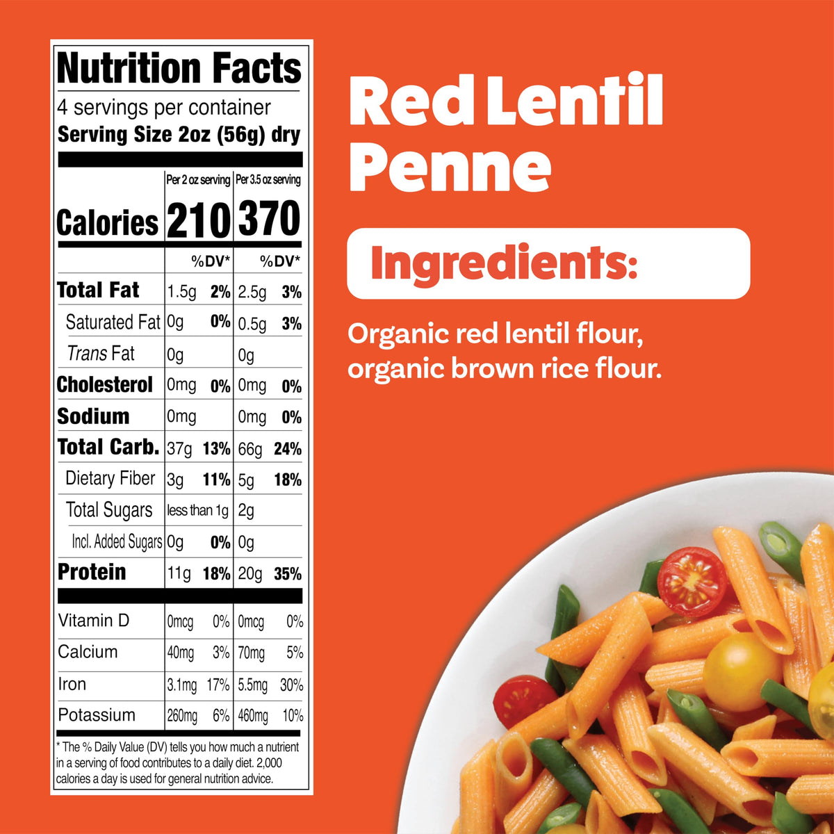 EXPLORE CUISINE Organic Red Lentil Penne plated with sauce for a quick weeknight meal.