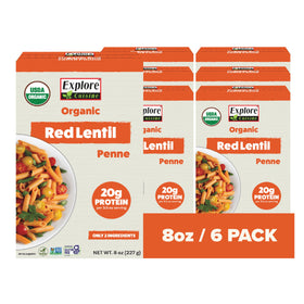 EXPLORE CUISINE Organic Red Lentil Penne package on shelf, high-protein, fiber-rich pasta.