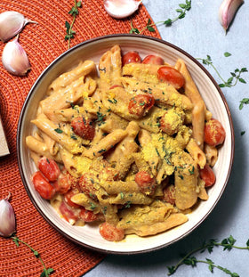 EXPLORE CUISINE Cooked penne twirled on fork, protein and fiber satisfying.