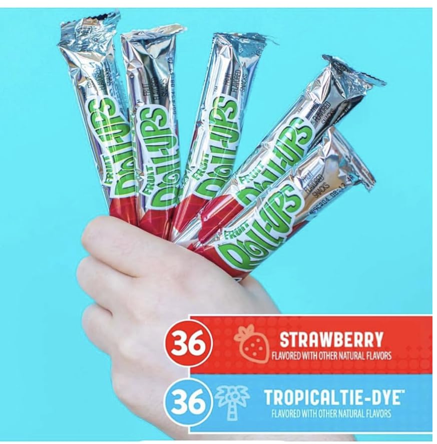 Express Minds Fruit Roll-Ups strawberry tie-dye roll close-up for playful flavor