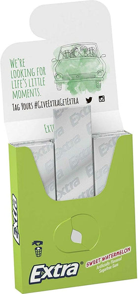 Extra 12-pack convenience-store display emphasizes sugar-free option for customers seeking bite-sized treats.