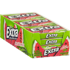 Extra chewing gum Sweet Watermelon Sugarfree 12-pack on display promotes quick, sugar-free freshness.
