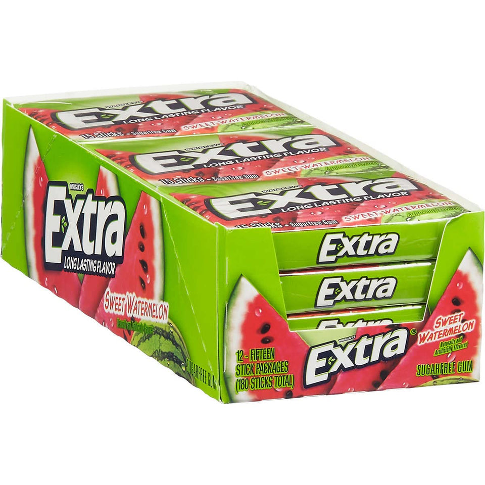 Extra chewing gum Sweet Watermelon Sugarfree 12-pack on display promotes quick, sugar-free freshness.