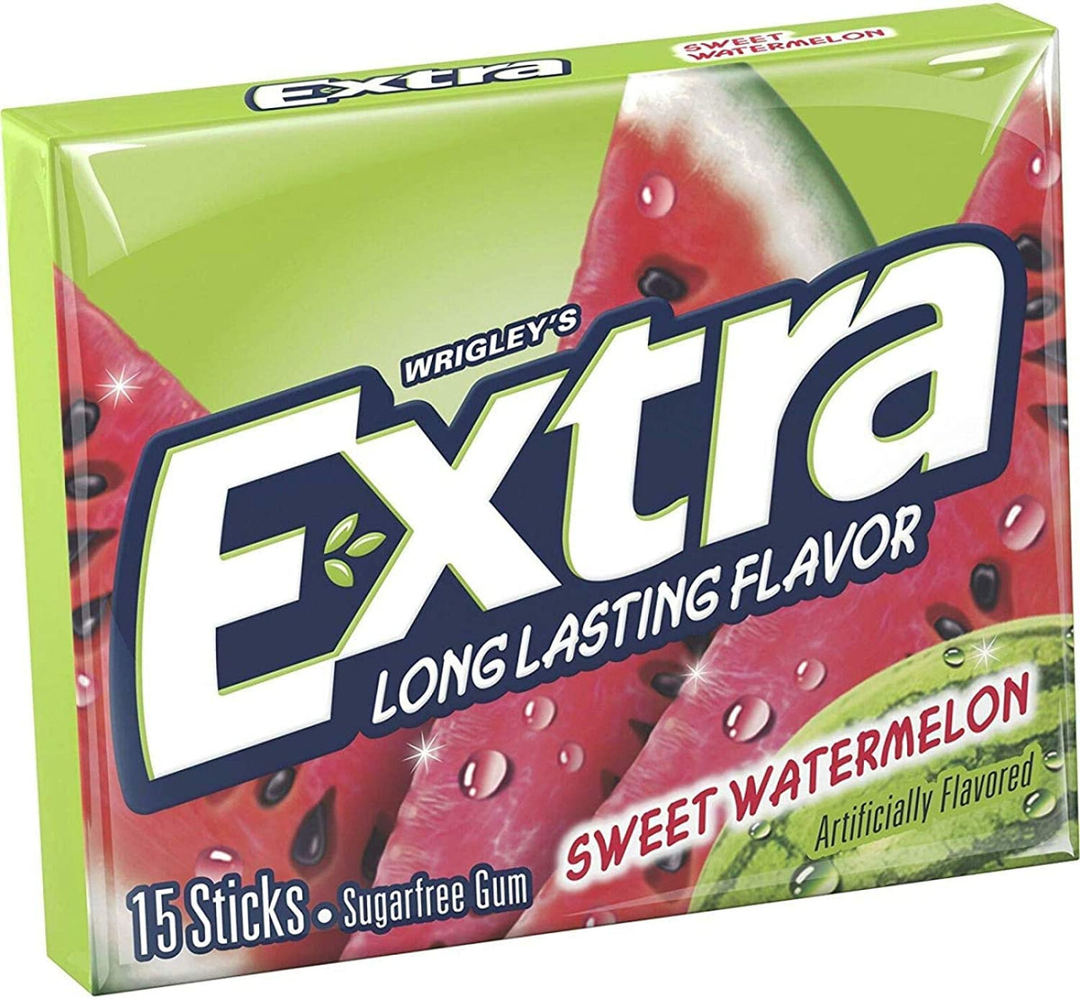 Extra gum close-up of sticks highlights long-lasting watermelon flavor for on-the-go enjoyment.