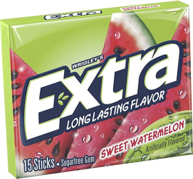 Extra gum close-up of sticks highlights long-lasting watermelon flavor for on-the-go enjoyment.