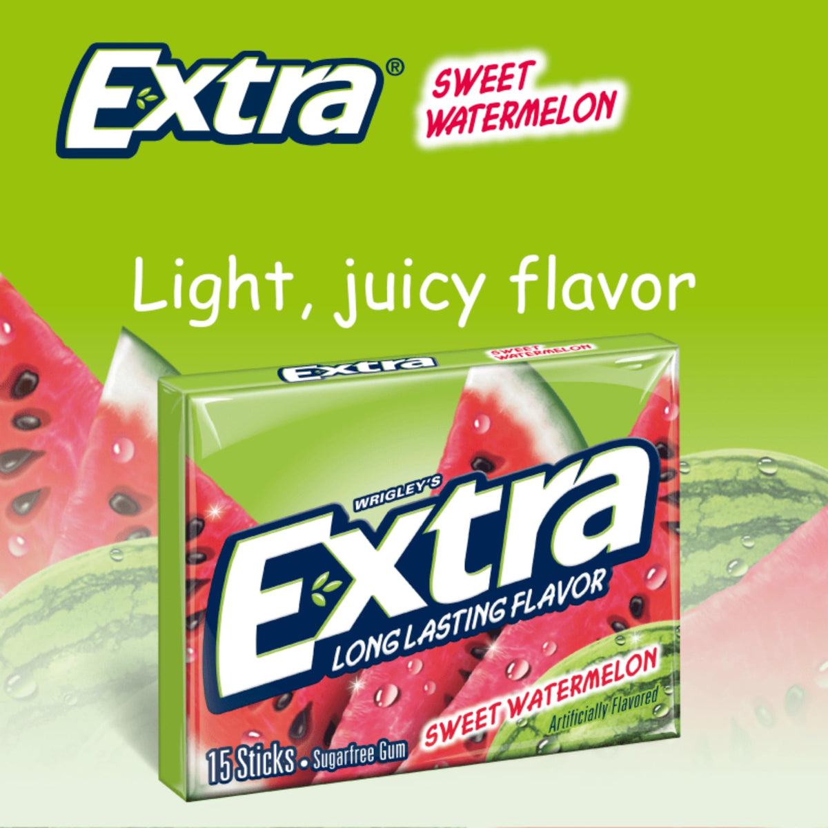 Extra Fruit Sensation Gum Watermelon pack open reveals 15-stick packs for quick pick-me-ups