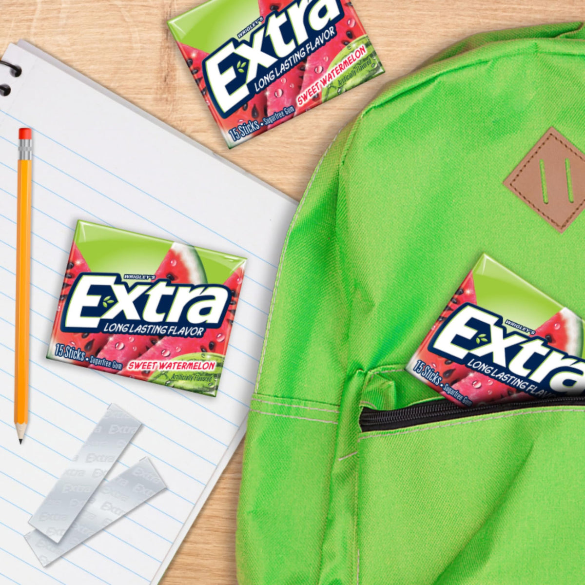 Extra Fruit Sensation Gum Watermelon sticks close-up shows juicy, sugar-free flavor