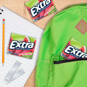 Extra Fruit Sensation Gum Watermelon sticks close-up shows juicy, sugar-free flavor