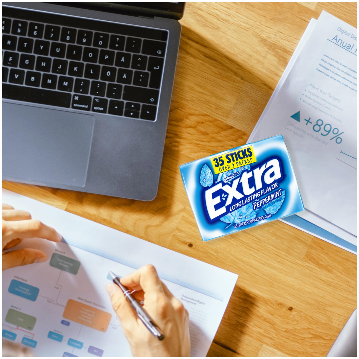 Extra Gum pack in car glove compartment for on-the-go refreshment.