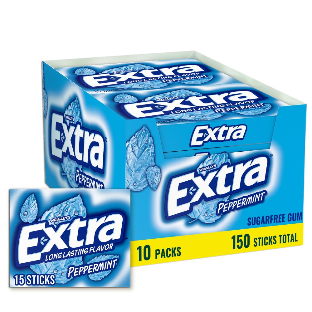 Extra Peppermint gum bulk box showing ten slim packs for sharing and freshness