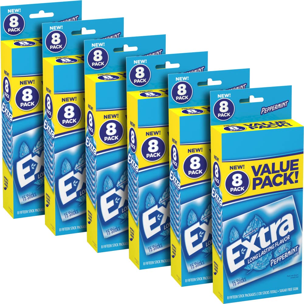 Extra Peppermint gum packaging close-up shows bulk supply for daily fresh breath.
