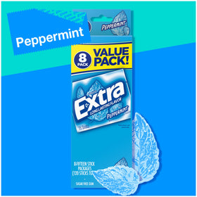Extra Peppermint gum stick wrapper open for on-the-go breath refresh.
