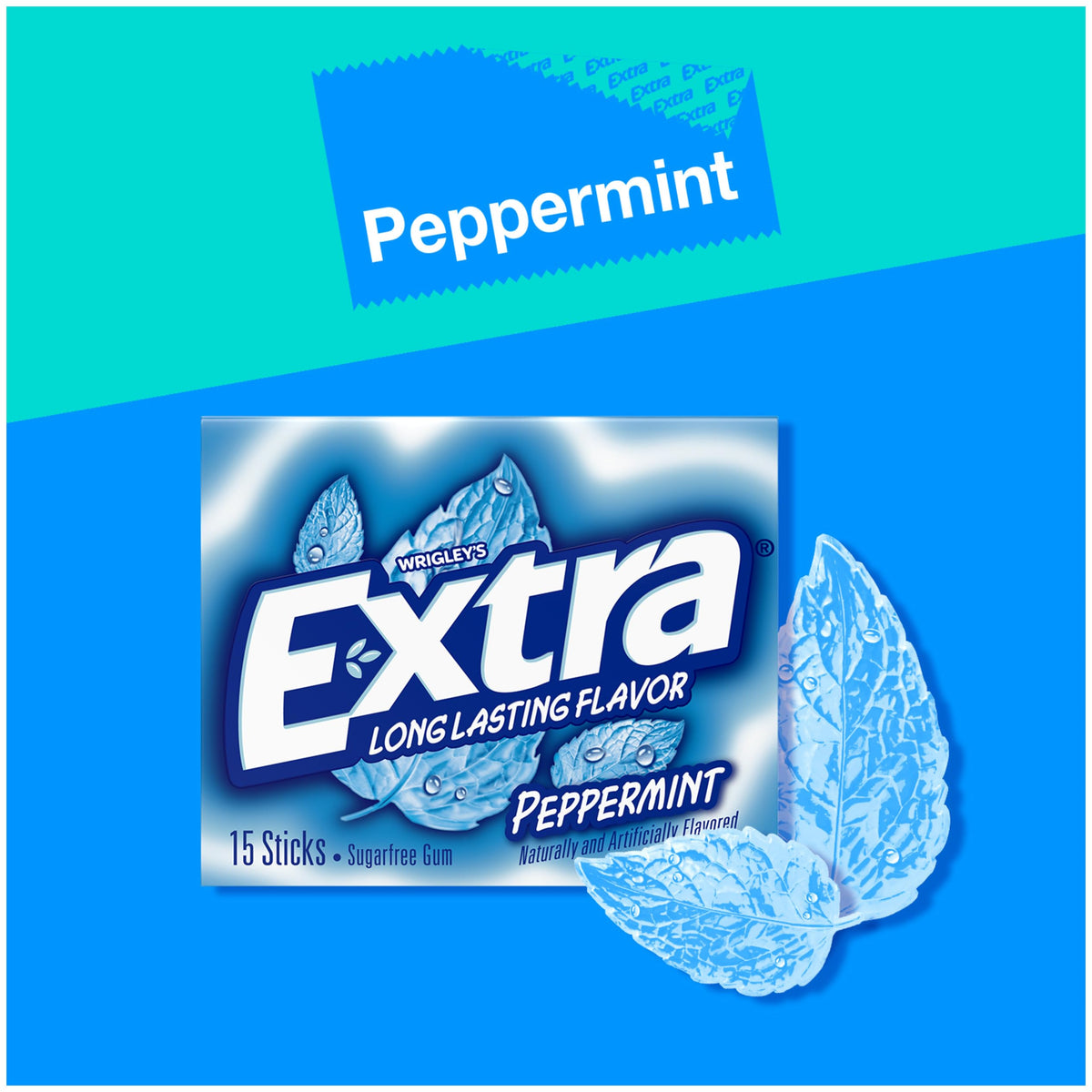 Close-up of Extra Peppermint gum in ten slim 15-stick packs