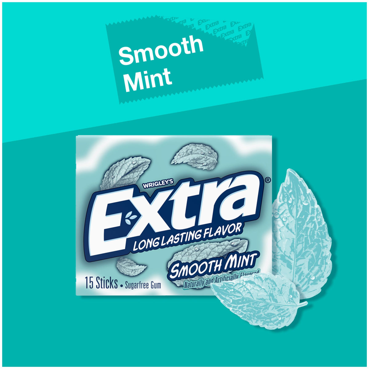 Extra Gum Smooth Mint sticks close-up highlighting minty flavor and sugar-free formula.