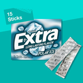 Extra Polar Ice gum stick close-up showcases strong mint flavor.