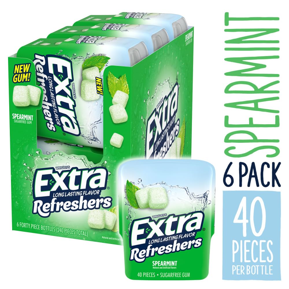 EXTRA Refreshers Spearmint gum crystal coating closeup highlights mint crystals.