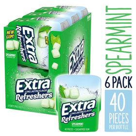 EXTRA Refreshers Spearmint gum crystal coating closeup highlights mint crystals.