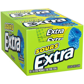 Extra Sour Blue Raspberry gum pack-shot for on-the-go freshness.