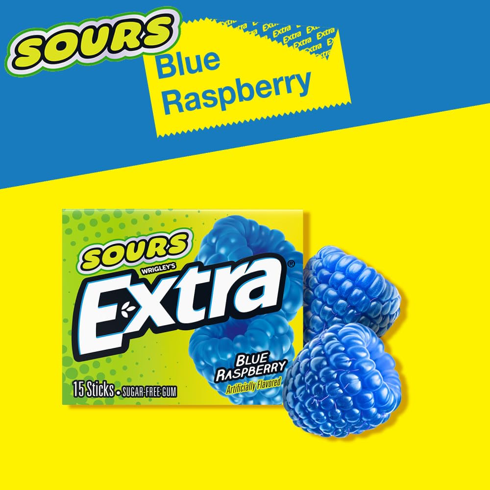 Extra Sour Blue Raspberry gum stick close-up highlighting tangy flavor.
