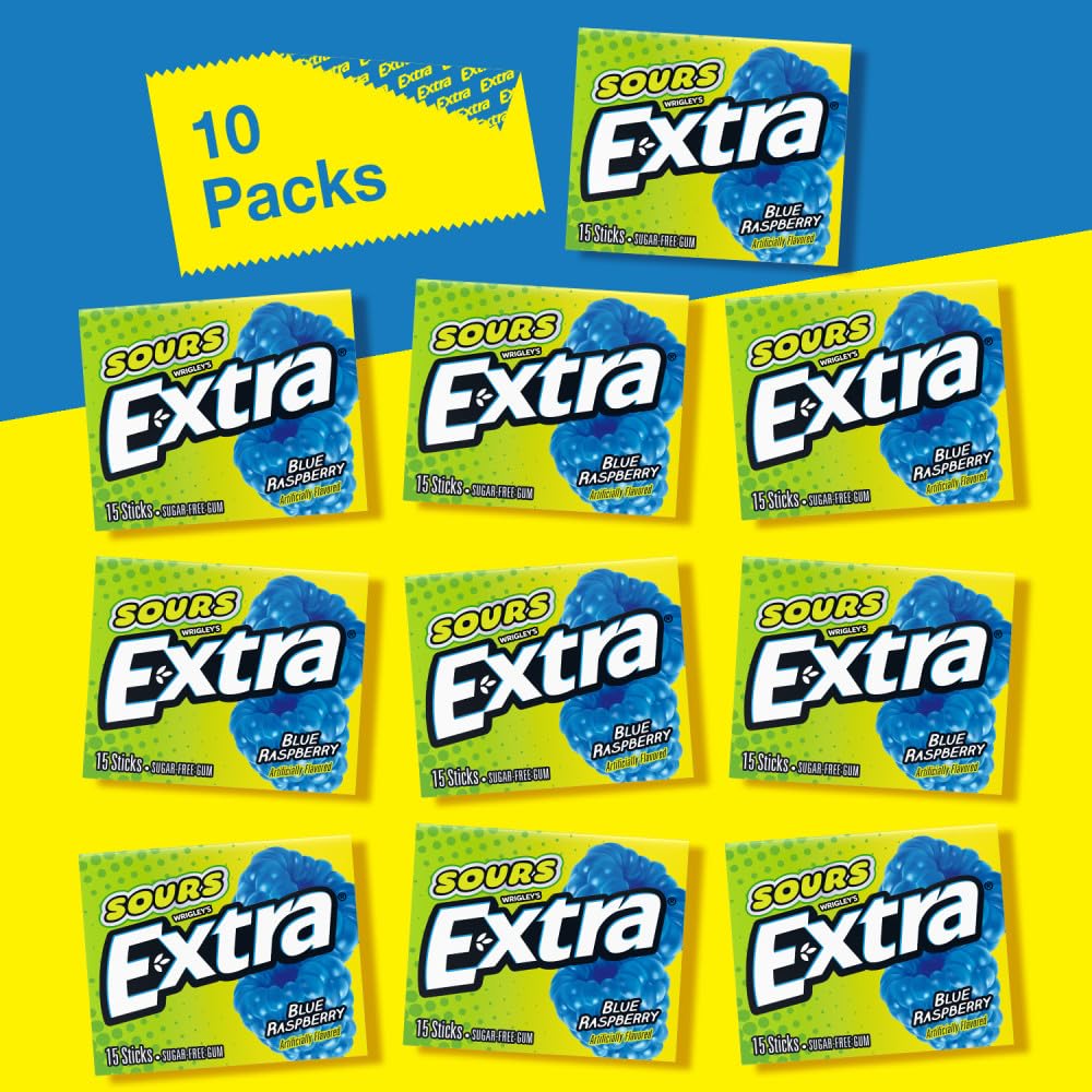 Extra Sour Blue Raspberry gum in hand for quick chew.