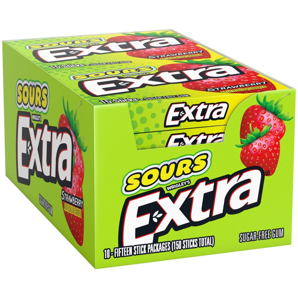Extra Sours Strawberry 15-stick pack for on-the-go tangy refreshment.