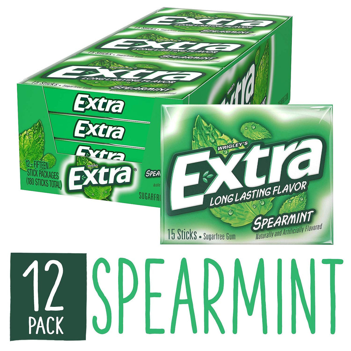 Close-up of Extra Spearmint sugar-free gum stick delivering crisp refreshment.