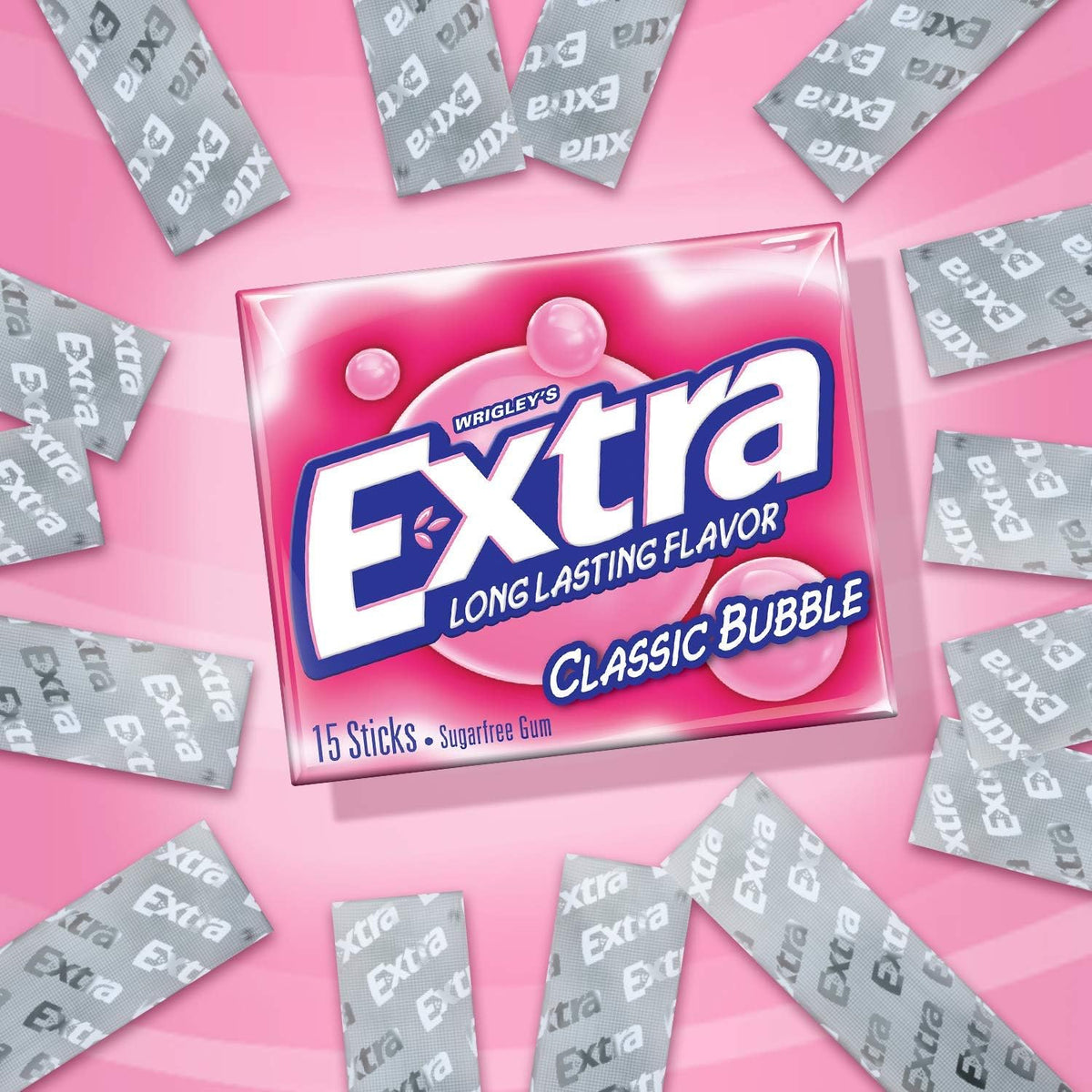 Extra Sugar Free Gum Classic Bubble pack-20 collection shows consistent sticks