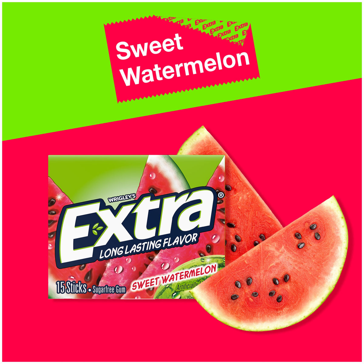 Ten bulk packs of Extra watermelon gum hold fifteen sticks each for everyday use.