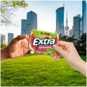 Extra Watermelon gum pack image emphasizing portable breath-freshening anywhere