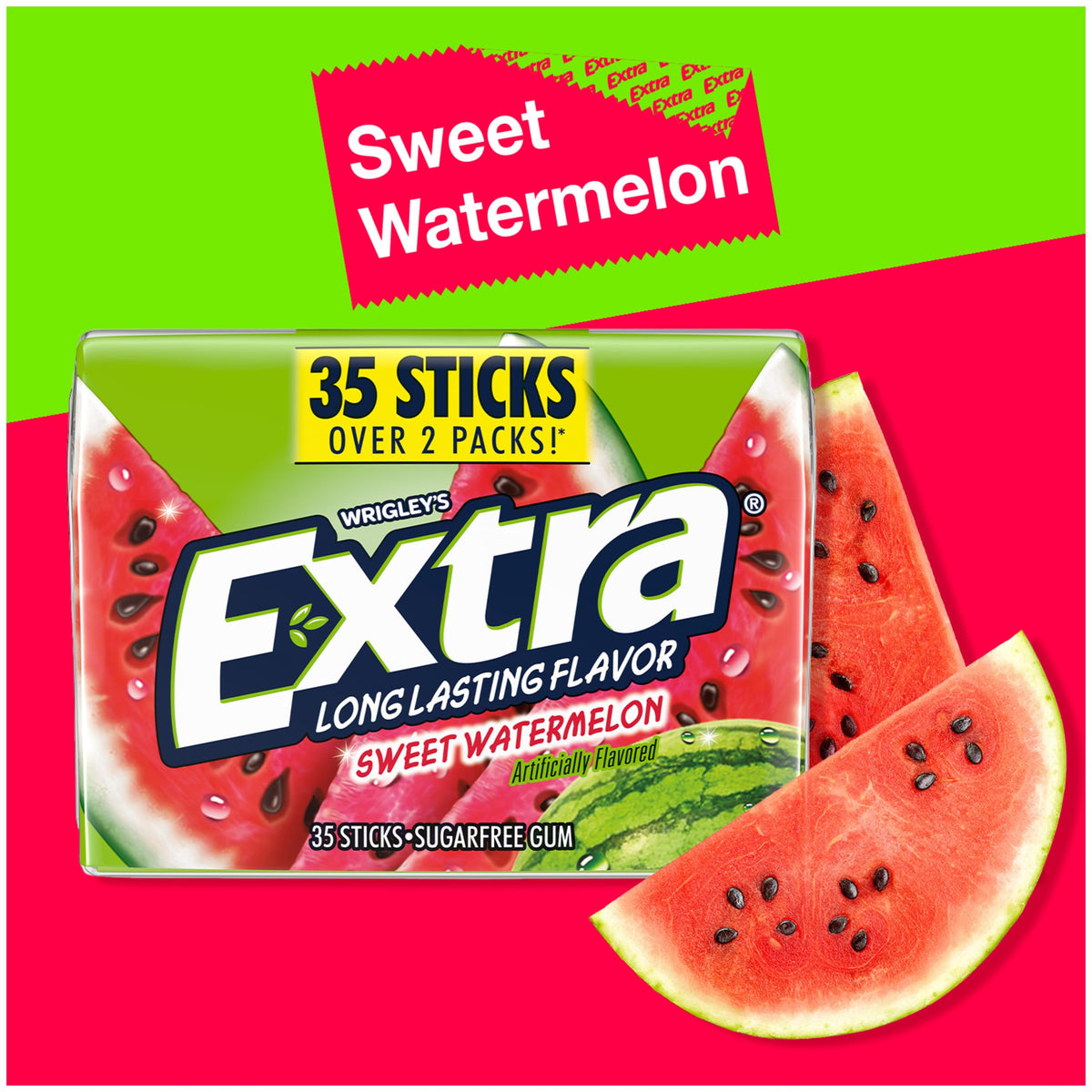 Extra Watermelon gum sticks close-up showing individually wrapped pieces for portability