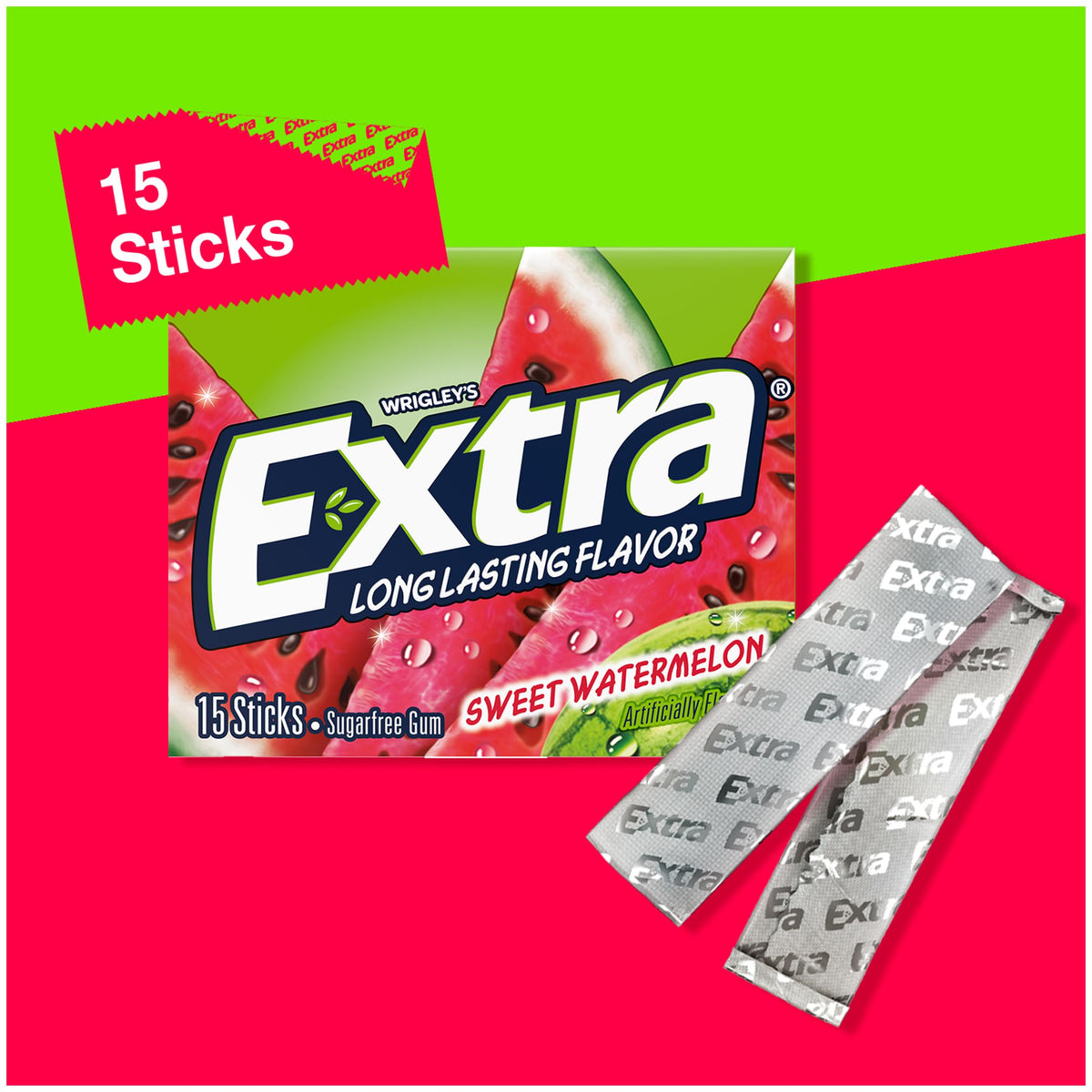 Individual wraps preserve flavor in Extra Sugar Free Watermelon gum.