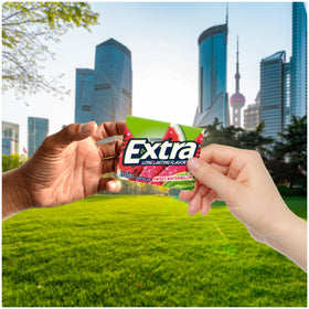 Portable packaging for Extra Watermelon gum keeps freshness at a glance.