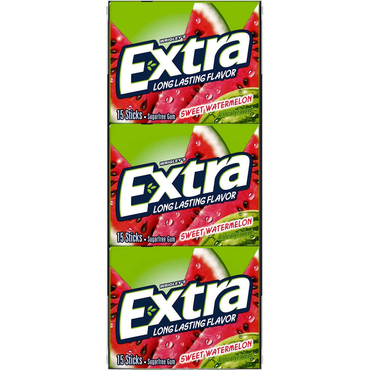 Extra watermelon gum close-up shows slender sticks ideal for sharing and quick breath-freshening.