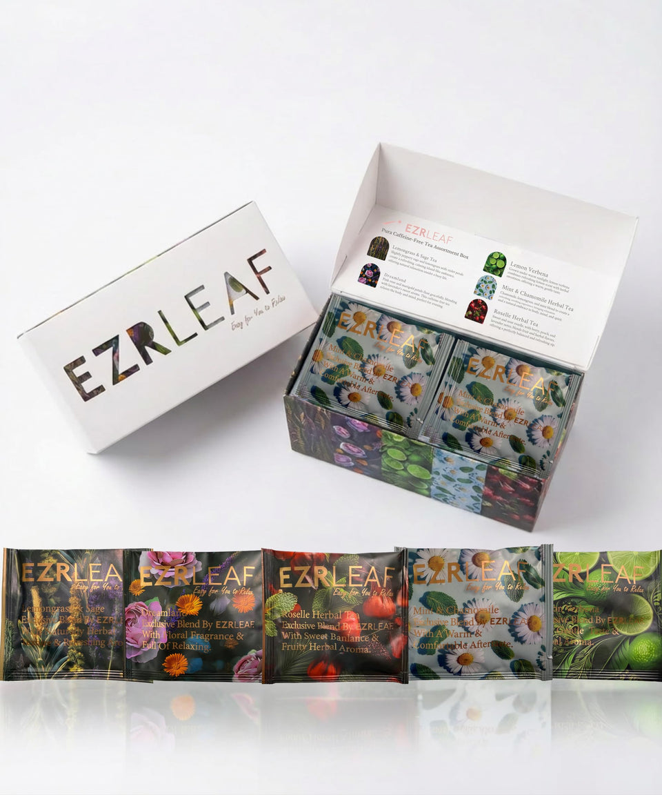 EZR LEAF decaf tea sampler box front with elegant gift-ready packaging for relaxation