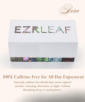 EZR LEAF decaf tea sampler gift box closeup with velvet texture and rose gold details