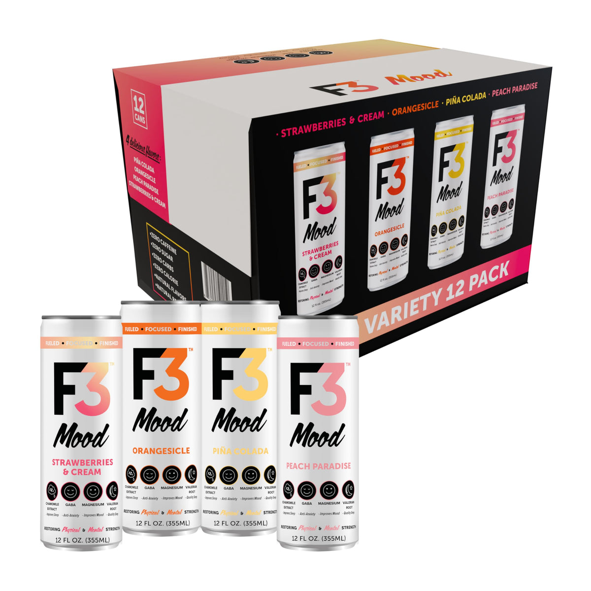 F3 Energy Mood Variety Pack pack shot showcases caffeine-free nootropics for mood support.