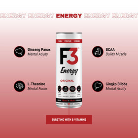 F3 Energy Tropical Theory can on a gym counter, ready for refreshment.