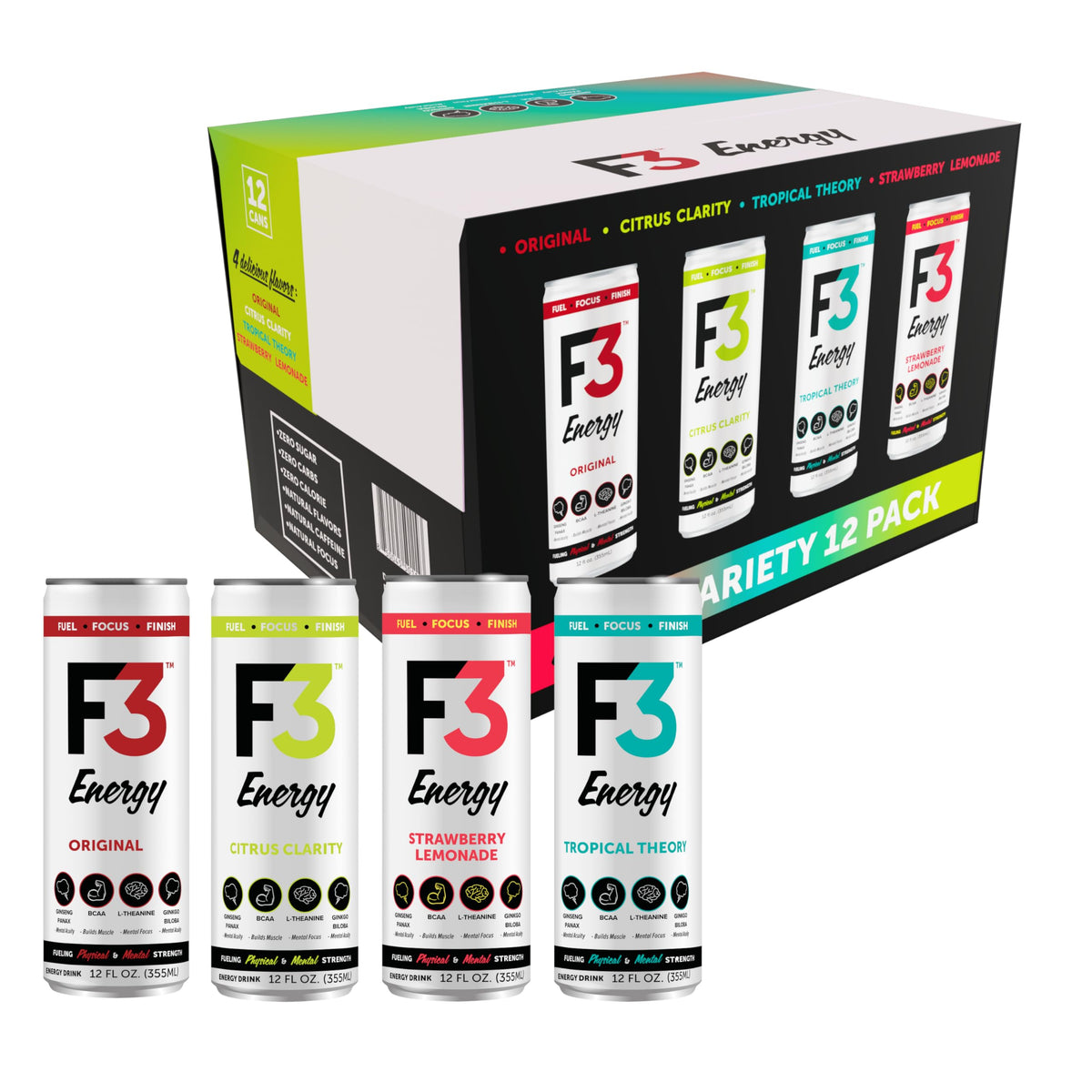 F3 Energy Drink cans lineup showcasing clean energy for workouts.