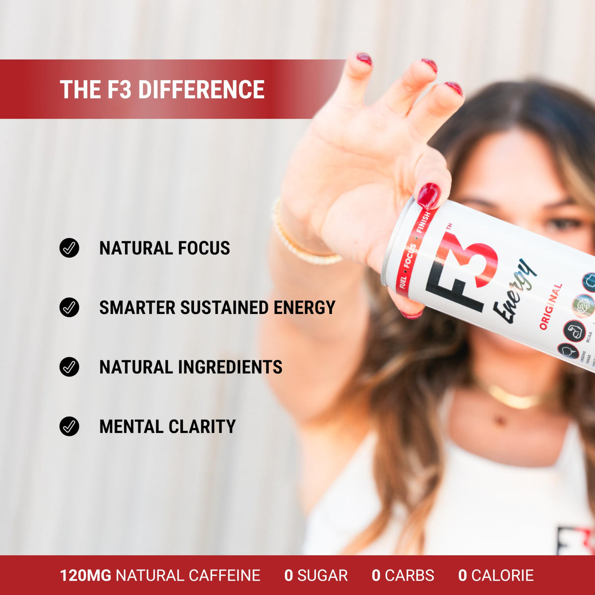 F3 Energy zero sugar badge on the can signals calorie-free energy.