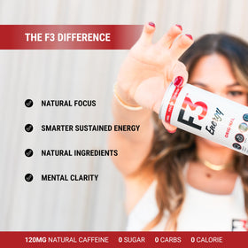 F3 Energy zero sugar badge on the can signals calorie-free energy.