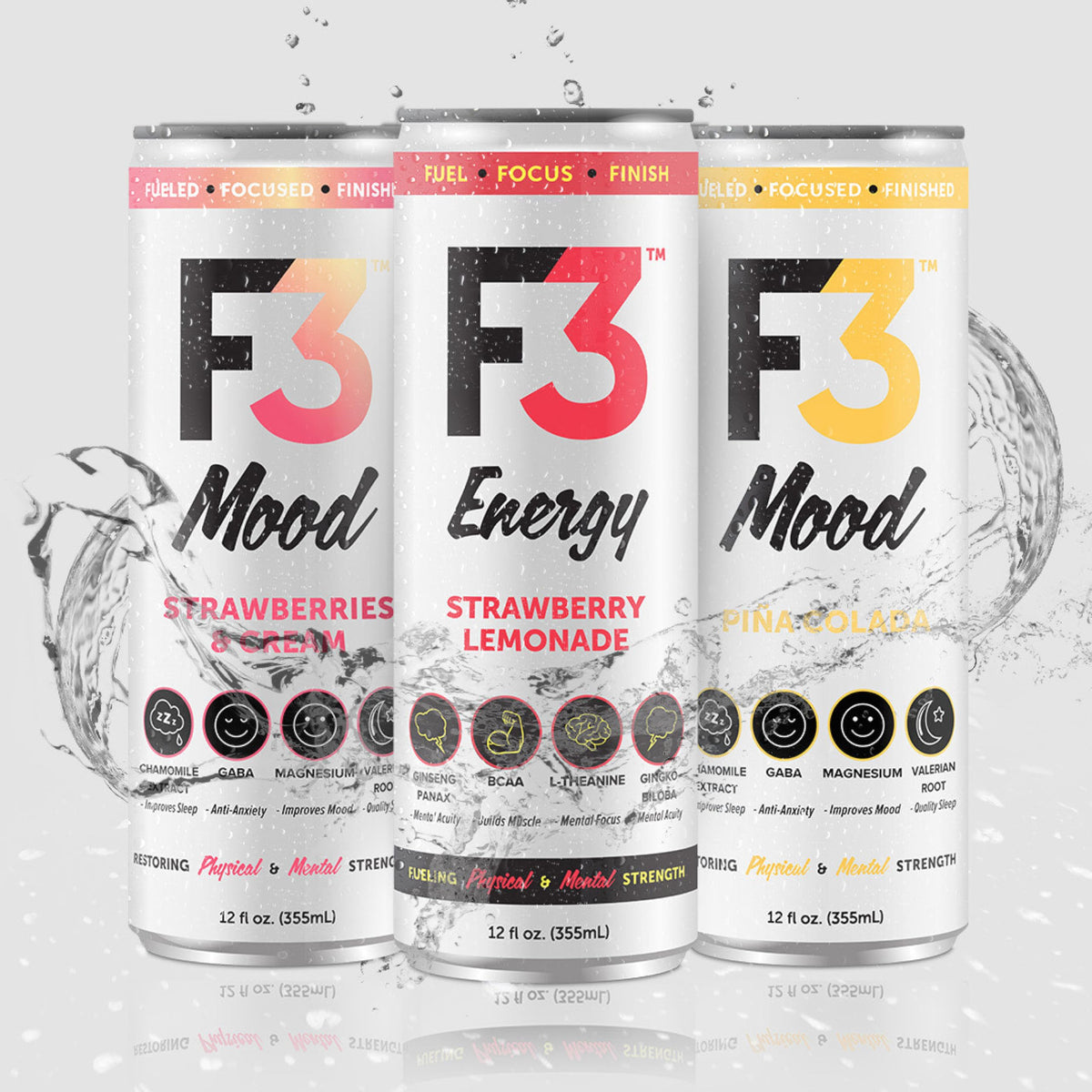 F3 Mood glass with bubbles illustrates a refreshing, caffeine-free drink.