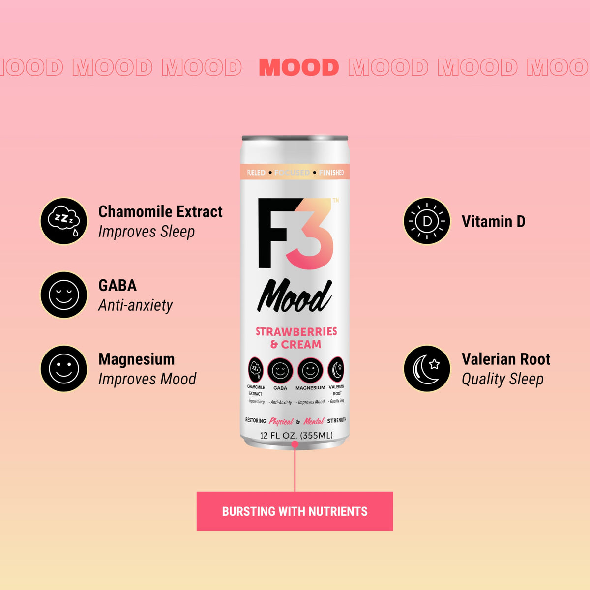 F3 Mood label closeup shows valerian root and chamomile for sleep support.
